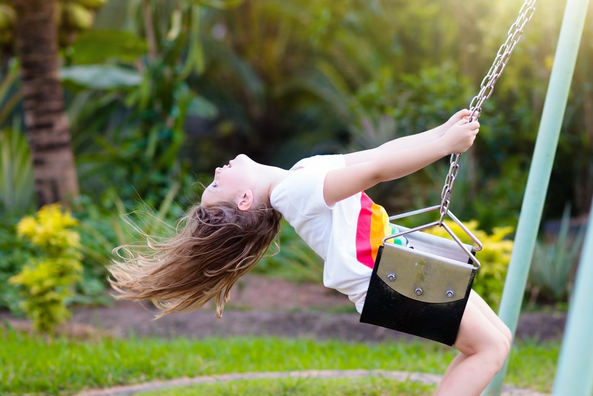 Child swinging on playground. Kids swing.